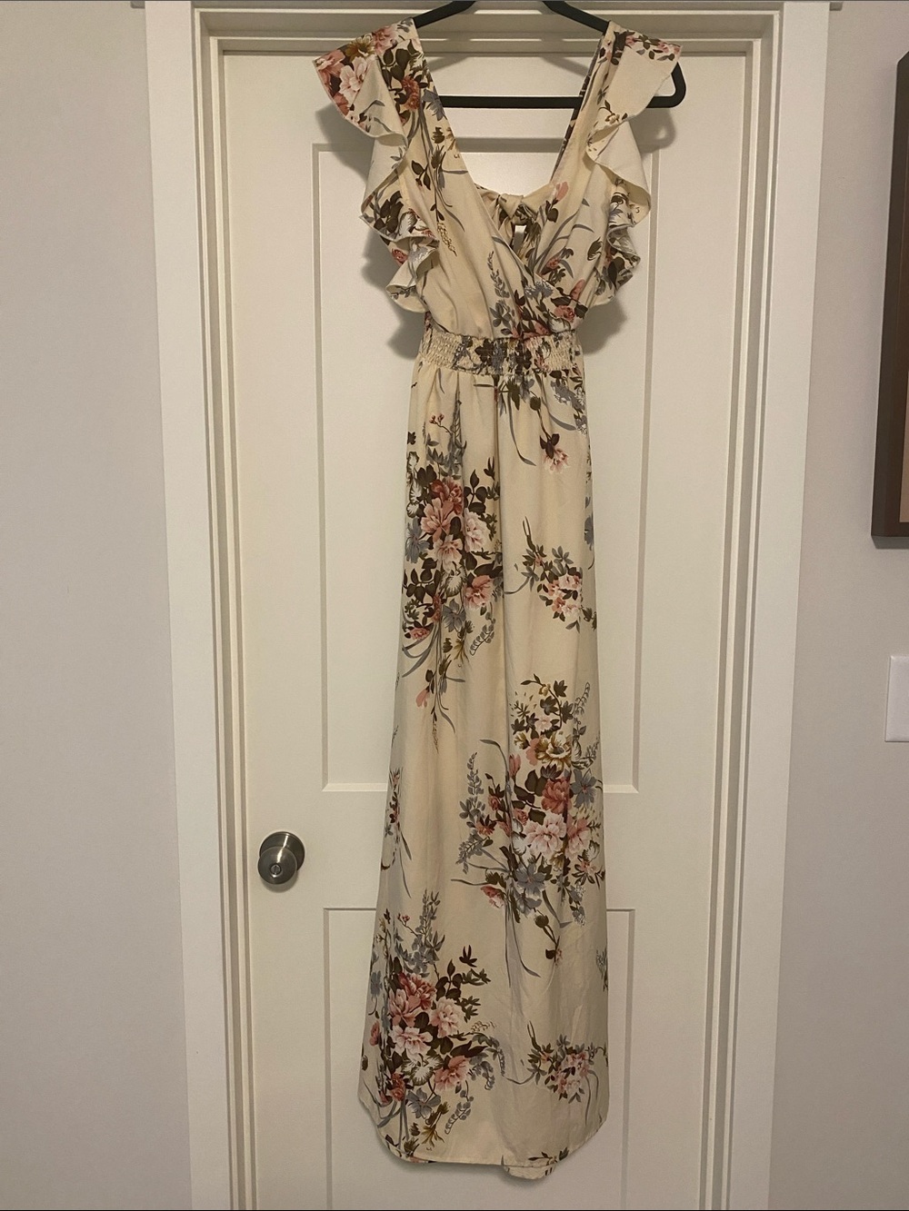 Boohoo Cream Floral Ruffle Maxi Dress